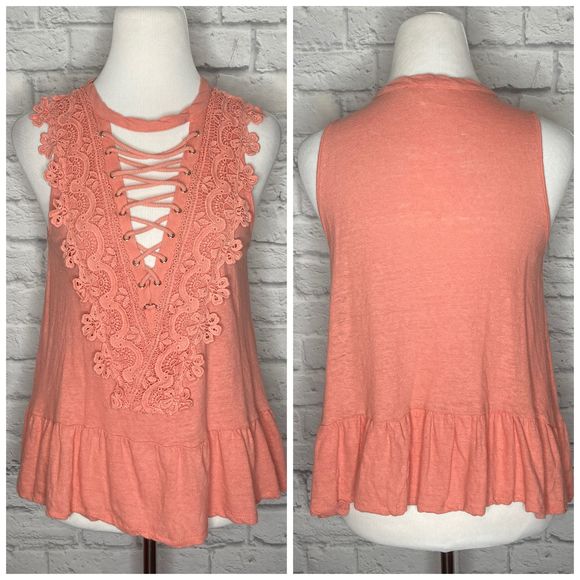 entro Tops - Entro Coral Lace Up Tank Linen Small